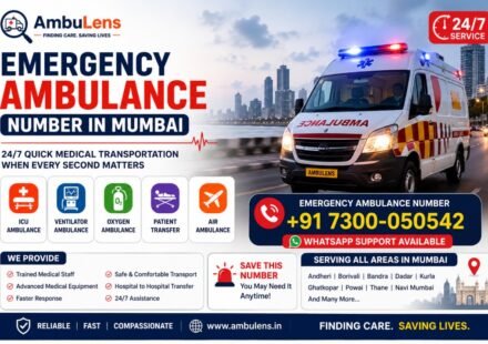 Emergency ambulance number in Mumbai showing a modern ambulance with flashing emergency lights and 24/7 medical transportation support.