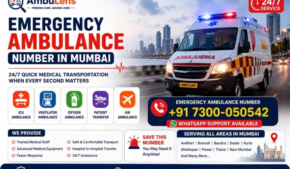 Emergency ambulance number in Mumbai showing a modern ambulance with flashing emergency lights and 24/7 medical transportation support.