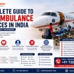 Air ambulance service in India showing a medically equipped aircraft, healthcare professionals, and a patient being transferred on a stretcher.