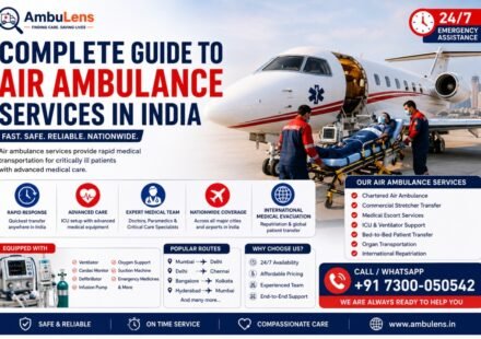 Air ambulance service in India showing a medically equipped aircraft, healthcare professionals, and a patient being transferred on a stretcher.