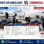 Private air ambulance vs commercial air ambulance comparison showing medical equipment, response time, patient suitability, cost, and transportation benefits by AmbuLens