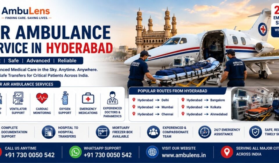 Air Ambulance Service in Hyderabad with ICU-equipped aircraft, ventilator support, critical care doctors, and emergency patient transfer by AmbuLens