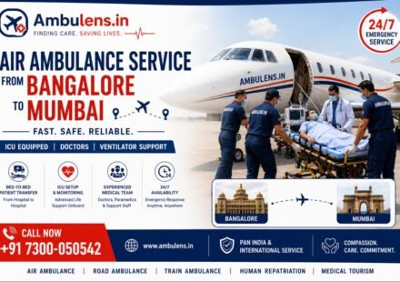 Air Ambulance Service from Bangalore to Mumbai featuring an ICU-equipped aircraft, critical patient transfer, experienced doctors, ventilator support, and Ambulens.in emergency medical transportation.