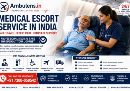 Medical Escort Service in India showing a healthcare professional monitoring a patient during a commercial flight with medical equipment and continuous in-flight care by Ambulens.in.