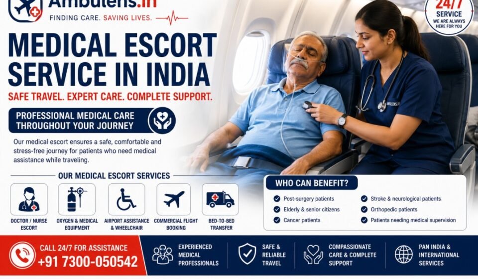 Medical Escort Service in India showing a healthcare professional monitoring a patient during a commercial flight with medical equipment and continuous in-flight care by Ambulens.in.