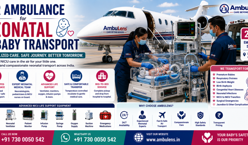 Air Ambulance for Neonatal and Baby Transport with NICU-equipped aircraft, neonatal incubator, experienced neonatologists, ventilator support, and bedside-to-bedside newborn transfer by AmbuLens.