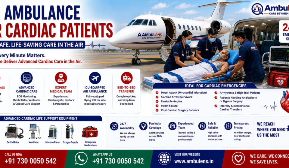 Air Ambulance for Cardiac Patients with ICU-equipped aircraft, advanced cardiac monitoring, ventilator support, experienced doctors, and emergency heart patient transfer by AmbuLens.