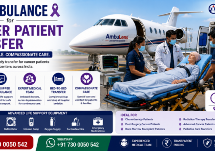 Air Ambulance for Cancer Patient Transfer with ICU-equipped aircraft, oncology patient, experienced doctors, oxygen support, ventilator care, and bedside-to-bedside medical transportation by AmbuLens.
