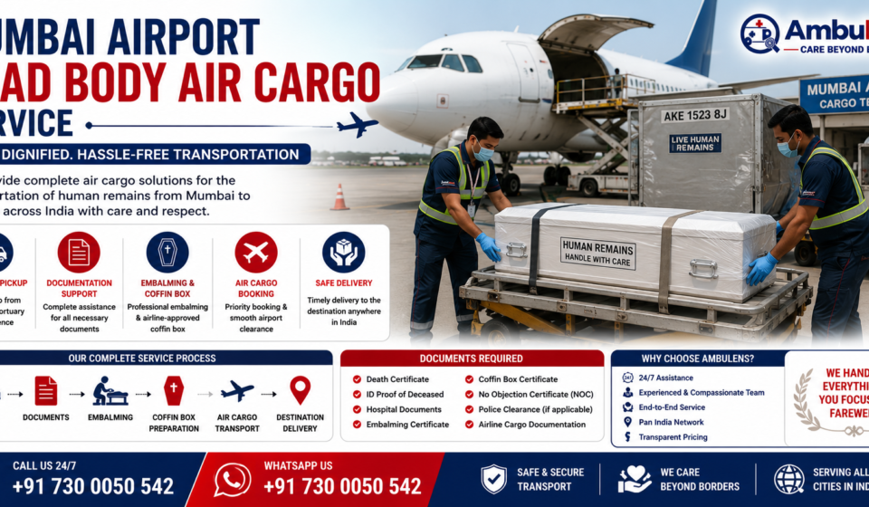 Mumbai Airport Dead Body Air Cargo Service with airline-approved coffin box, airport cargo handling, embalming support, documentation assistance, and dignified human remains transportation by AmbuLens.