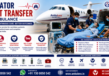 Ventilator Patient Transfer by Air Ambulance with ICU-equipped aircraft, advanced ventilator support, critical care doctors, medical monitoring, and bedside-to-bedside patient transfer by AmbuLens.
