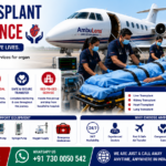 Organ Transplant Air Ambulance Services in India with ICU-equipped aircraft, organ transplant patient, experienced critical care doctors, advanced life-support equipment, and bedside-to-bedside medical transfer by AmbuLens.