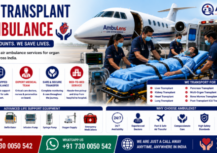 Organ Transplant Air Ambulance Services in India with ICU-equipped aircraft, organ transplant patient, experienced critical care doctors, advanced life-support equipment, and bedside-to-bedside medical transfer by AmbuLens.
