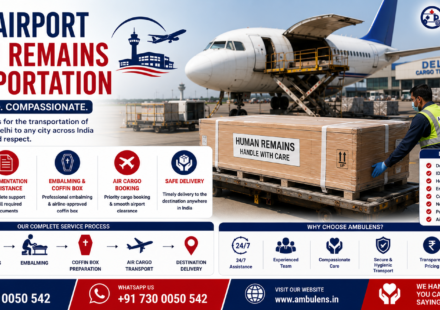 Delhi Airport Human Remains Transportation with airline-approved coffin box, airport cargo aircraft, embalming support, documentation assistance, and dignified air cargo transportation by AmbuLens.