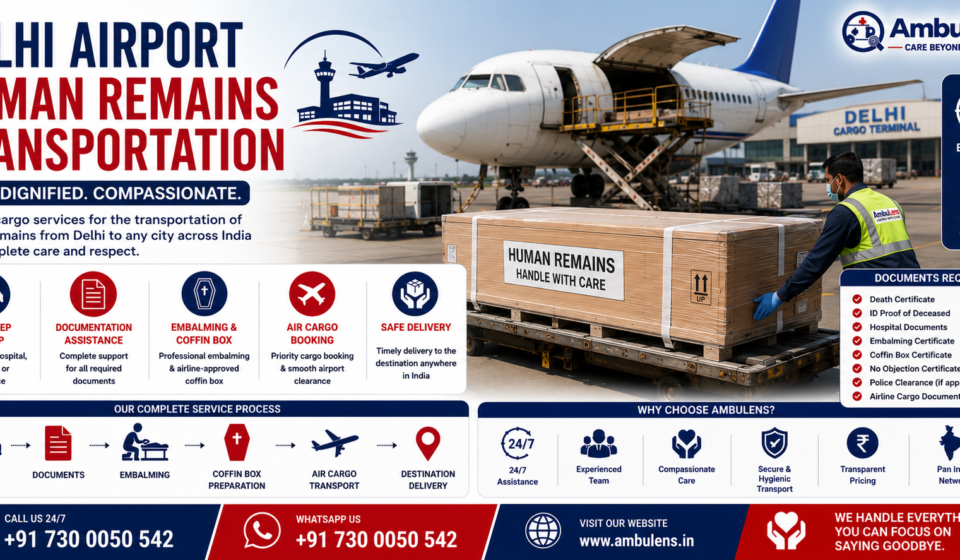 Delhi Airport Human Remains Transportation with airline-approved coffin box, airport cargo aircraft, embalming support, documentation assistance, and dignified air cargo transportation by AmbuLens.