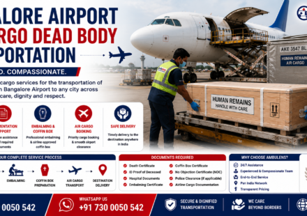 Bangalore Airport Air Cargo Dead Body Transportation with airline-approved coffin box, airport cargo aircraft, embalming support, documentation assistance, and dignified human remains transportation by AmbuLens.