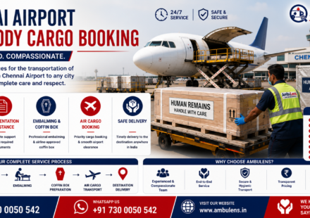 Chennai Airport Dead Body Cargo Booking with airline-approved coffin box, airport cargo aircraft, embalming support, documentation assistance, and dignified human remains transportation by AmbuLens.