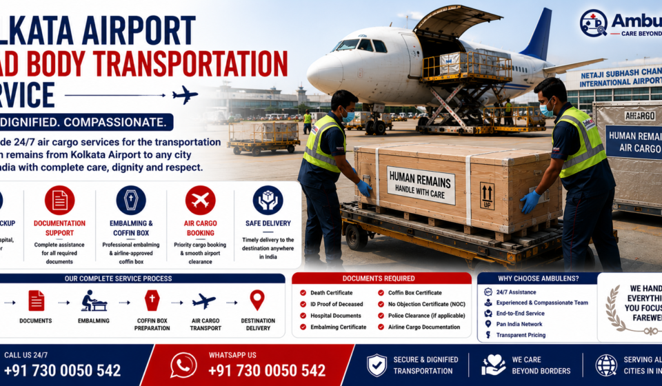 Kolkata Airport Dead Body Transportation Service with airline-approved coffin box, airport cargo aircraft, embalming support, documentation assistance, and dignified human remains transportation by AmbuLens.