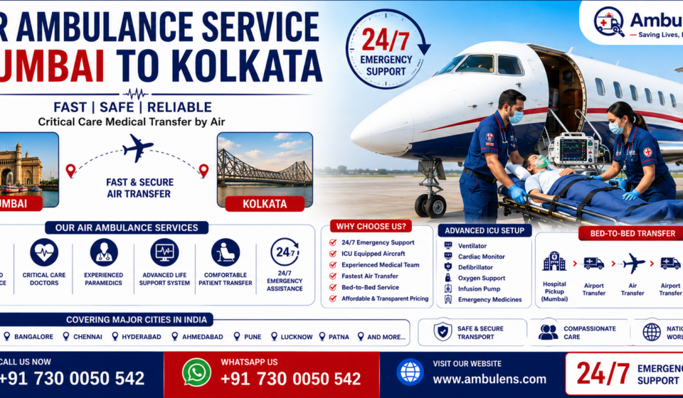 Air Ambulance Service Mumbai to Kolkata with ICU-equipped aircraft, ventilator support, experienced doctors, and emergency patient transfer services by AmbuLens.