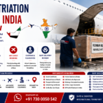 Human Repatriation from UAE to India showing international air cargo aircraft, airline-approved coffin box, UAE to India route, embalming support, embassy documentation, and professional human remains transportation by AmbuLens.