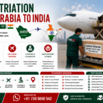 Human Repatriation from Saudi Arabia to India showing international air cargo aircraft, airline-approved coffin box, Saudi Arabia to India route, embalming support, embassy documentation, and professional human remains transportation by AmbuLens.