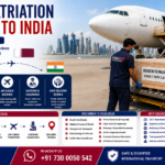 Human Repatriation from Qatar to India showing international air cargo aircraft, airline-approved coffin box, Qatar to India route, embalming support, embassy documentation, and professional human remains transportation by AmbuLens.