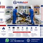 Bed-to-Bed Patient Transfer featuring ICU ambulance, patient on stretcher, doctors transferring patient between hospital beds, ventilator support, advanced life support equipment, and emergency medical transportation by AmbuLens.