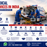 Emergency Medical Evacuation Services in India featuring air ambulance aircraft, ICU ambulance, emergency medical team, critically ill patient, advanced life support equipment, and rapid patient evacuation by AmbuLens.