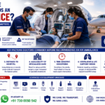 How Doctors Decide Whether a Patient Needs an Air Ambulance featuring emergency doctors assessing a critically ill patient, ICU-equipped air ambulance, ventilator support, advanced life support equipment, and medical aircraft by AmbuLens.