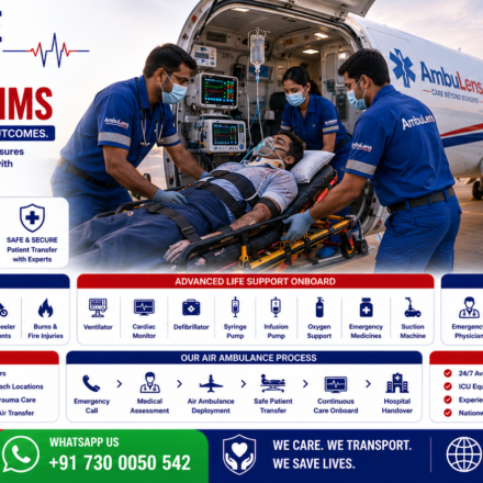 Air Ambulance Service for Accident Victims featuring emergency medical aircraft, critically injured patient on stretcher, trauma doctors, ICU equipment, ventilator support, and rapid emergency transportation by AmbuLens.