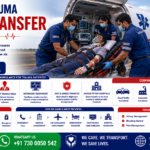 Emergency Trauma Patient Transfer by Air Ambulance featuring ICU-equipped medical aircraft, trauma patient on stretcher, emergency doctors, ventilator support, advanced life support equipment, and rapid critical care transportation by AmbuLens.