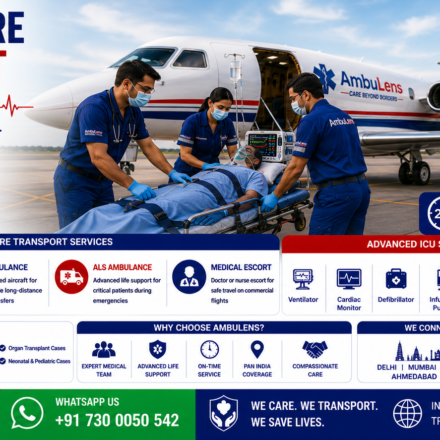 Critical Care Transport Across India featuring ICU ambulance, air ambulance aircraft, critically ill patient on stretcher, emergency doctors, ventilator support, advanced life support equipment, and nationwide medical transportation by AmbuLens.