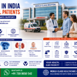 Best Hospitals in India for International Patients featuring modern multispecialty hospital, international patient consulting with doctor, airport assistance, medical tourism services, advanced healthcare facilities, and AmbuLens support.