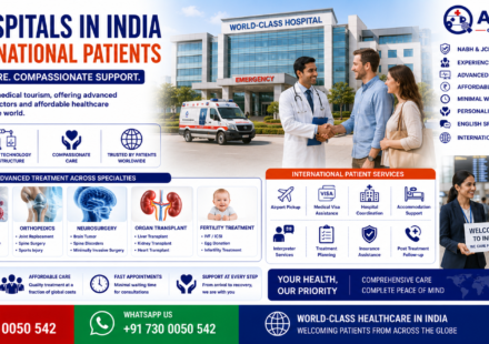 Best Hospitals in India for International Patients featuring modern multispecialty hospital, international patient consulting with doctor, airport assistance, medical tourism services, advanced healthcare facilities, and AmbuLens support.