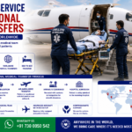 Air Ambulance Service for International Medical Transfers featuring ICU-equipped aircraft, critical patient on stretcher, medical team, airport ambulance, worldwide patient transfer, and international medical evacuation by AmbuLens.