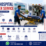 International Patient Transfer from India to Singapore featuring ICU-equipped air ambulance, patient on stretcher, medical team, Singapore skyline, airport transfer, and advanced international medical transportation by AmbuLens.