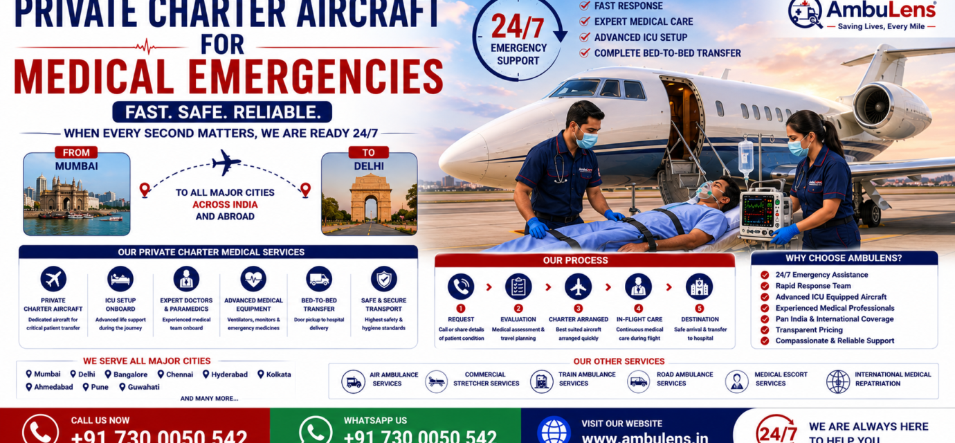 Private Charter Aircraft for Medical Emergencies with ICU-equipped charter flights, experienced doctors, and emergency patient transfer services by AmbuLens.