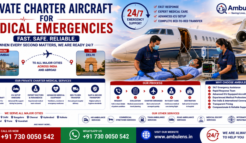 Private Charter Aircraft for Medical Emergencies with ICU-equipped charter flights, experienced doctors, and emergency patient transfer services by AmbuLens.