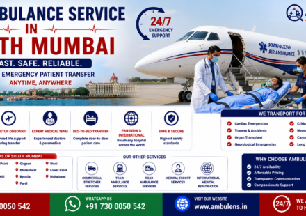 Air Ambulance Service in South Mumbai with ICU-equipped aircraft, emergency patient transfer, ventilator support, and experienced medical teams by AmbuLens.