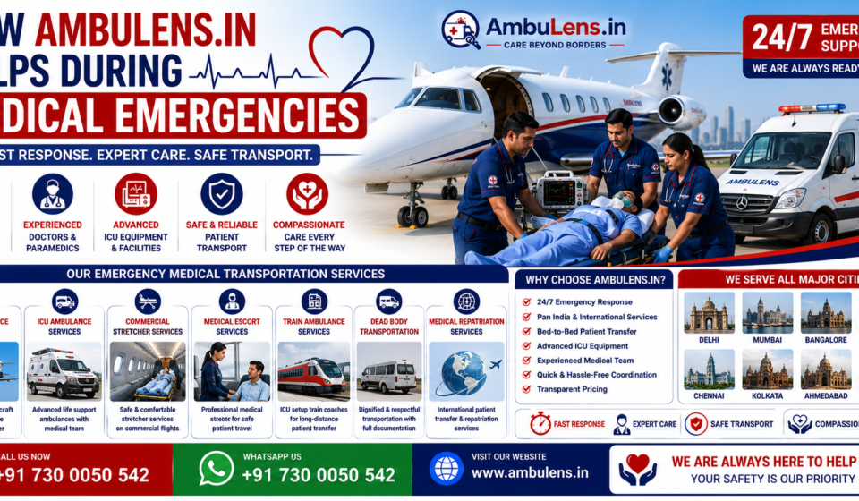 How AmbuLens.in helps during medical emergencies with air ambulance services, ICU ambulances, medical repatriation, and emergency patient transportation across India.
