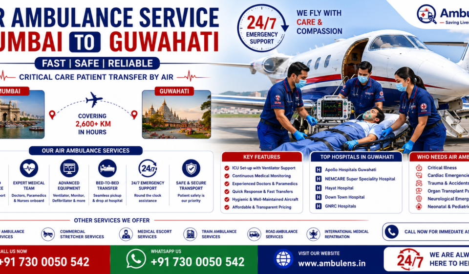 Air Ambulance Service Mumbai to Guwahati with ICU-equipped aircraft, ventilator support, experienced doctors, and emergency patient transfer services by AmbuLens.