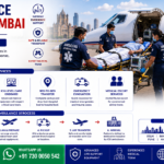 Air Ambulance Service in Mumbai featuring ICU-equipped aircraft, critical patient transfer, doctors, ambulance at airport, Mumbai skyline, emergency medical transportation, and advanced life support by AmbuLens.