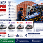 Road Ambulance Service in Jaipur featuring ICU ambulance, emergency paramedics, patient transport, advanced life support equipment, hospital transfer, Jaipur skyline, and 24x7 ambulance services by AmbuLens.