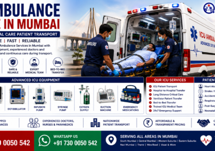 ICU Ambulance Service in Mumbai featuring a fully equipped ICU ambulance, ventilator support, critical care doctor, paramedics, advanced life support equipment, and emergency patient transportation by AmbuLens.