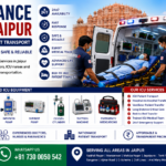 ICU Ambulance Service in Jaipur featuring a fully equipped ICU ambulance, ventilator support, ICU doctor, paramedics, advanced life support equipment, emergency patient transport, and Jaipur city skyline by AmbuLens.