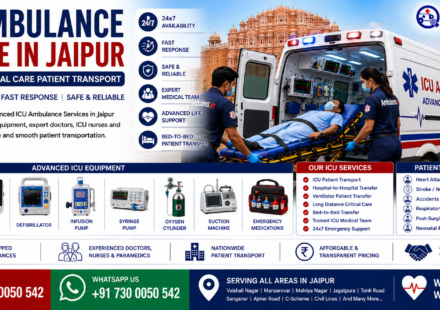 ICU Ambulance Service in Jaipur featuring a fully equipped ICU ambulance, ventilator support, ICU doctor, paramedics, advanced life support equipment, emergency patient transport, and Jaipur city skyline by AmbuLens.