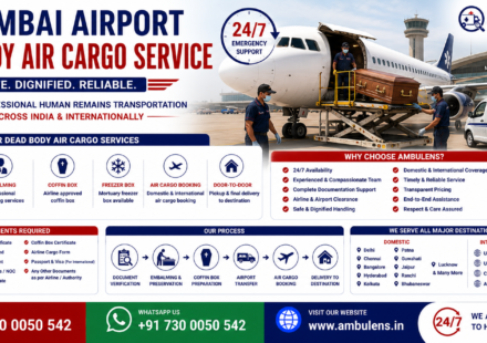 Mumbai Airport Dead Body Air Cargo Service with air cargo booking, embalming, freezer box arrangements, and international human remains transportation by AmbuLens.