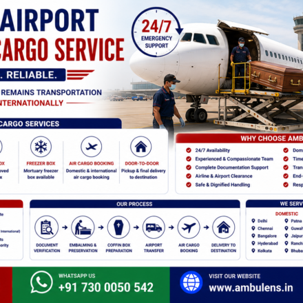 Mumbai Airport Dead Body Air Cargo Service with air cargo booking, embalming, freezer box arrangements, and international human remains transportation by AmbuLens.
