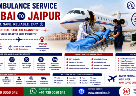 Air Ambulance Service Mumbai to Jaipur featuring an ICU-equipped aircraft, emergency patient transfer, ventilator support, and expert medical team by AmbuLens.