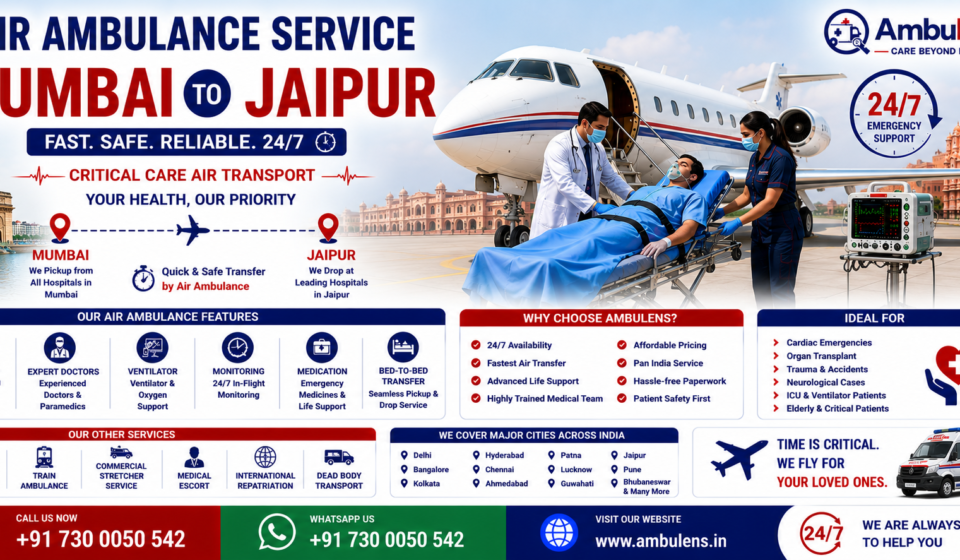 Air Ambulance Service Mumbai to Jaipur featuring an ICU-equipped aircraft, emergency patient transfer, ventilator support, and expert medical team by AmbuLens.