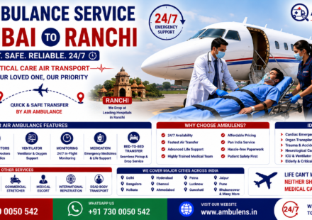 Air Ambulance Service Mumbai to Ranchi with ICU-equipped aircraft, ventilator support, emergency patient transfer, and experienced medical team by AmbuLens.